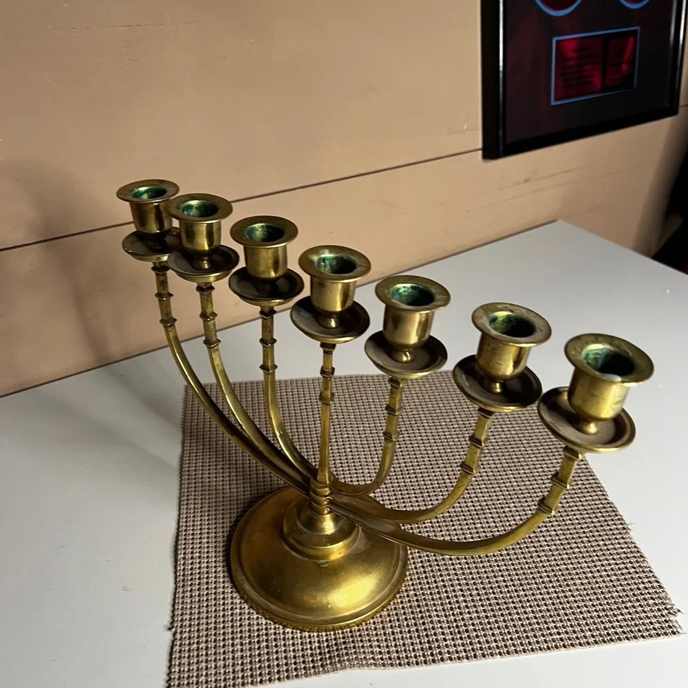 Vintage Solid Brass 7 Arm Candelabra Candle Holder Made in Korea Mid Century 12